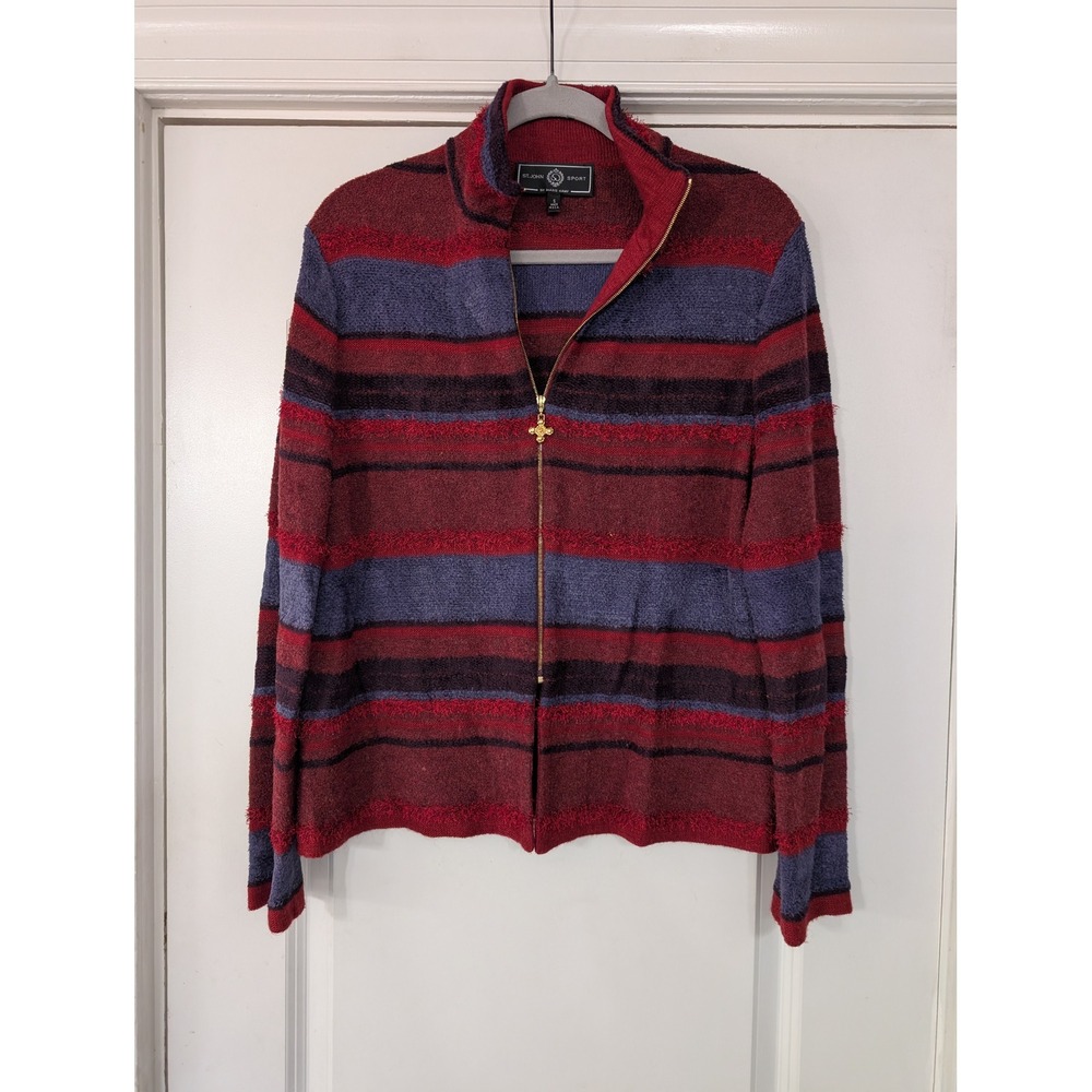 St. John Sport Striped Sweater Jacket women's small blue red Cozy mock neck